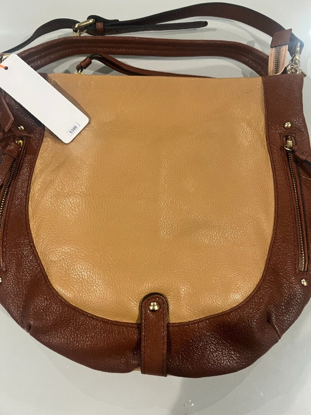 NWT Tano Handbags Two Tone Tan Brown Colorblock Leather Hobo Crossbody Bag Style